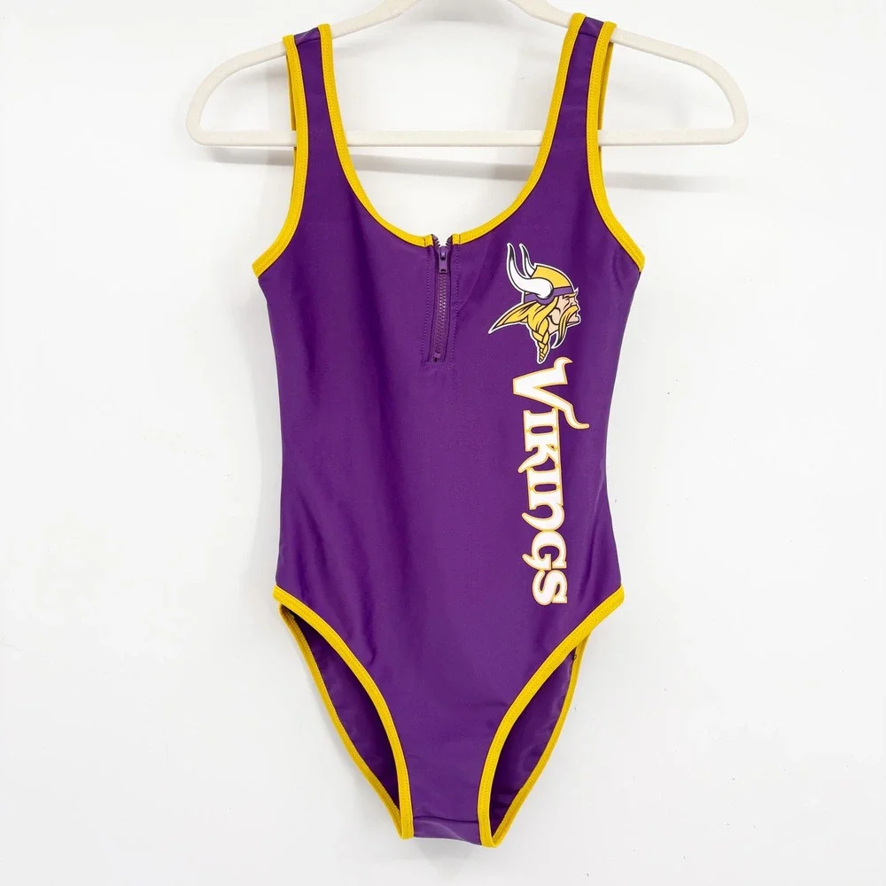 NFL Team Apparel Womens Minnesota Vikings Zip Front Sporty One‎ Piece Swimsuit S